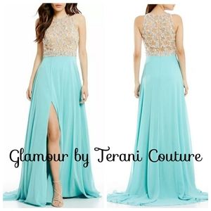 Glamour by Terani  Couture Aqua/Nude Irradecent Beaded Chiffon Front Slit Gown